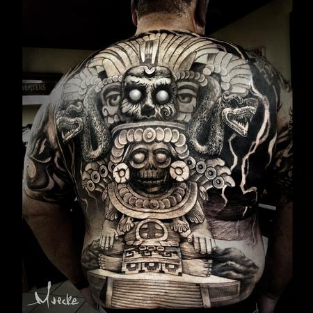 Tattoos - Black and grey tattoos florida aztec god of war and sacrafice backpiece custom art upper torso body suit  - 146306
