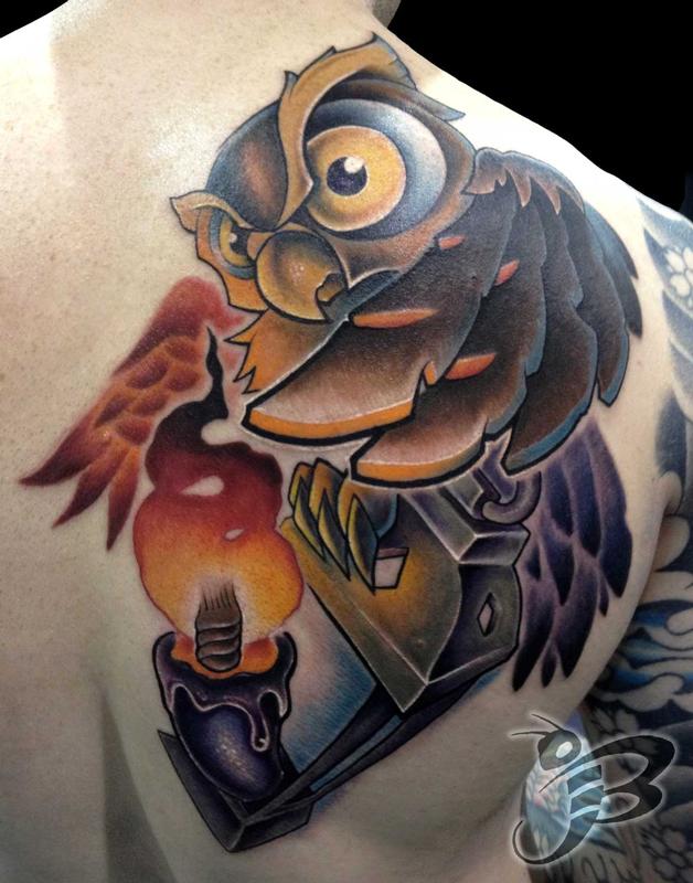 full color owl and lantern tattoo by jay blackburn full color owl and lantern tattoo by jay blackburn