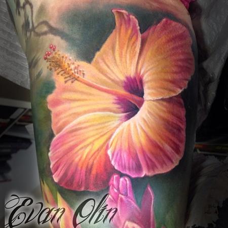 Evan Olin - Full color realistic Hibiscus flower tattoo