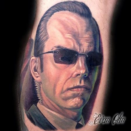 Evan Olin - Full color realistic Agent Smith portrait from the Matrix tattoo
