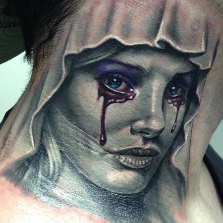 Evan Olin - Black and gray (mostly) realistic Virgin Mary tattoo