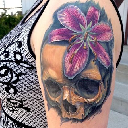 Evan Olin - Full color realistic skull and hibiscus tattoo