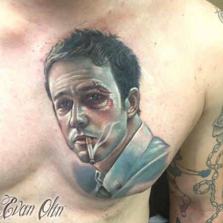 Evan Olin - Full color realistic Fight Club movie portrait tattoo
