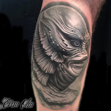 Evan Olin - black and gray Creature from the Black Lagoon tattoo