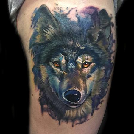 Evan Olin - Painterly watercolor realistic wolf tattoo