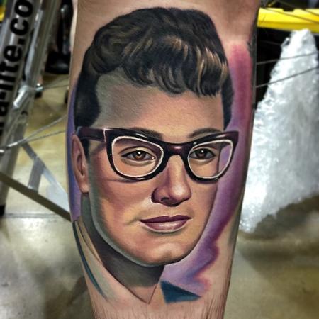 Evan Olin - Color realistic Buddy Holly portrait tattoo