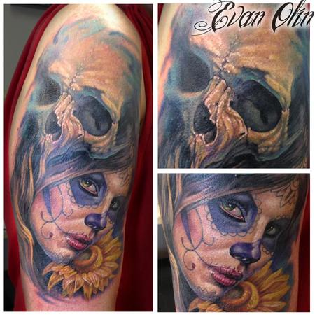 Evan Olin - Full color realistic day of the dead girl, sunflower, and skull tattoo