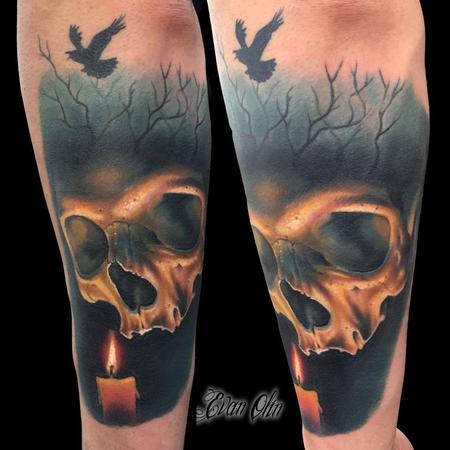 Evan Olin - Full color realistic skull and candle tattoo