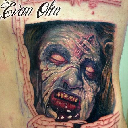 Evan Olin - In progress full color realistic Evil Dead deadite tattoo