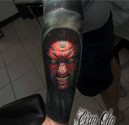 Evan Olin - Darth Maul portrait tattoo (with cover up)