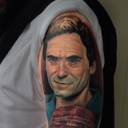 Evan Olin - Color realistic Ted Bundy portrait tattoo
