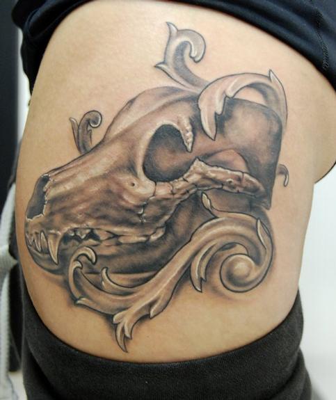 Evan Olin Dog skull with filigree tattoo