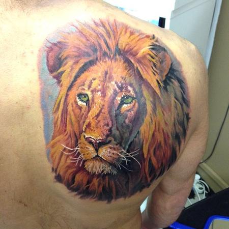 Evan Olin - Full color painterly realistic lion tattoo
