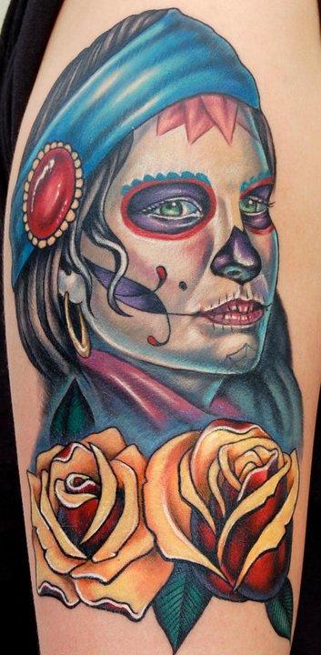 Evan Olin - Custom gypsy-sugar skull/ day of the dead girl portrait with traditional roses tattoo