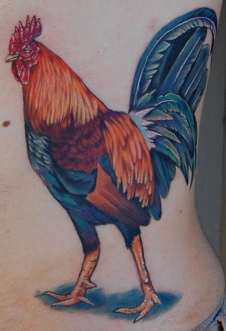 Evan Olin - Full color Rhode Island Red rooster tattoo