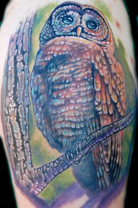 Evan Olin - Full color realistic Spotted Owl tattoo