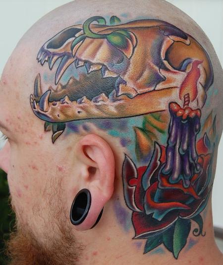 Evan Olin - Custom, full color coyote skull/candle/rose head tattoo