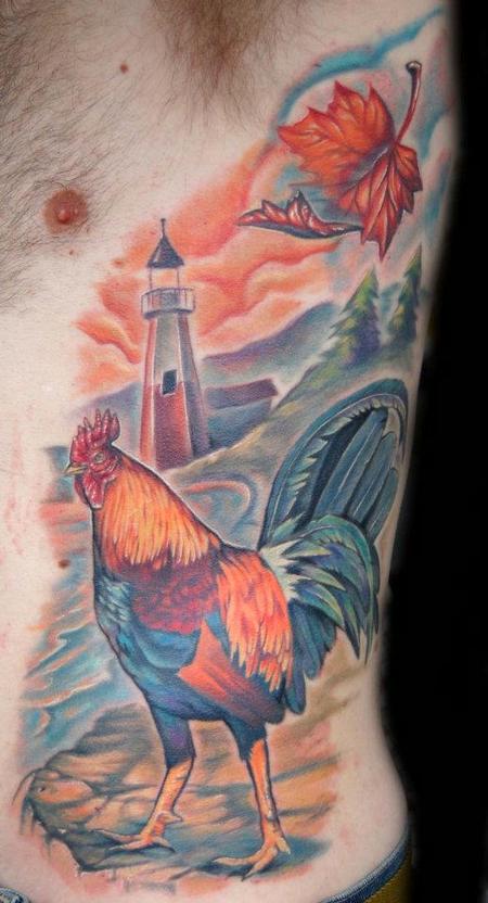 Evan Olin - Full color Rhode Island themed rib piece tattoo- Rhode Island Red, lighthouse, maple leaf