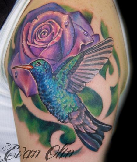 Evan Olin - Full color rose and hummingbird tattoo