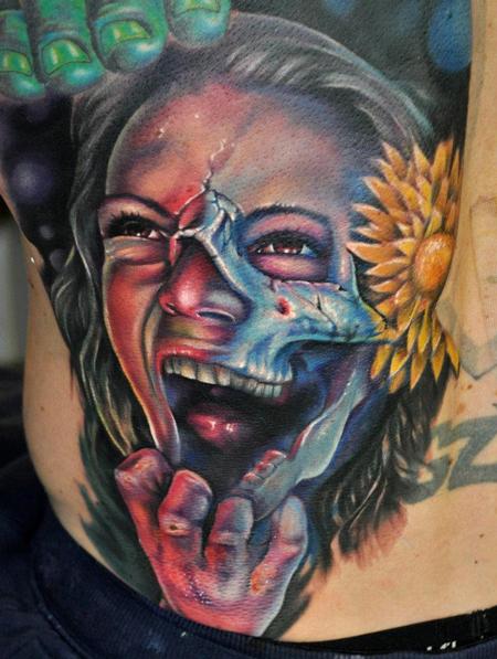 Evan Olin - Full color custom girl/skeleton tattoo collaboration with Kyle Cotterman