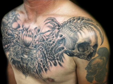 Shane Baker - Black and Gray Skull Bio-mech Tattoo
