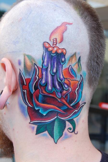 Evan Olin - Full color new school candle and rose tattoo