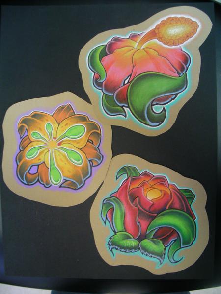 Tattoos - Full color new school illustrative animated perspective p.o.v. flowers - 55534