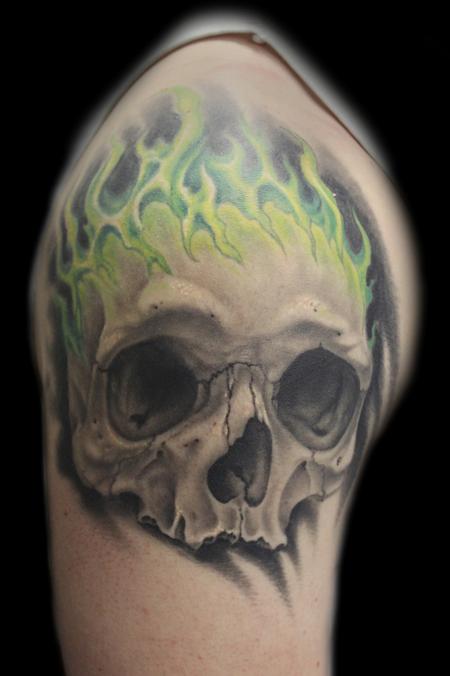 Shane Baker - Green flamin Skull