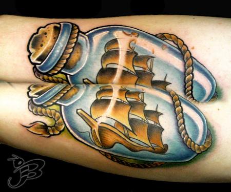 Jay Blackburn - New School Ship in a bottle tattoo