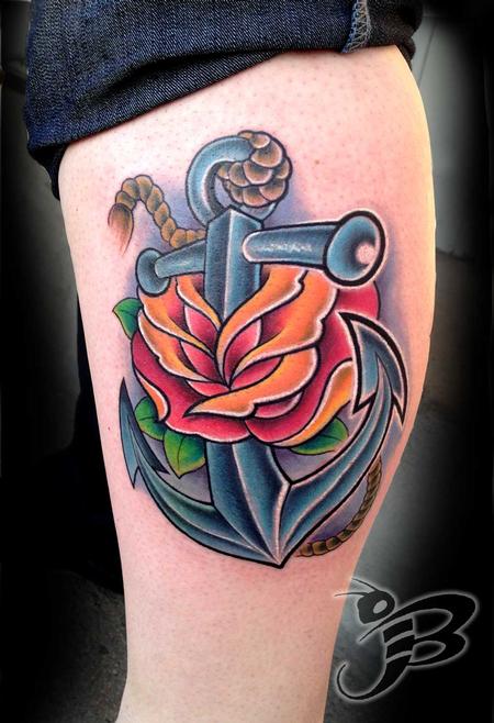 Jay Blackburn - Full color Anchor and Rose tattoo