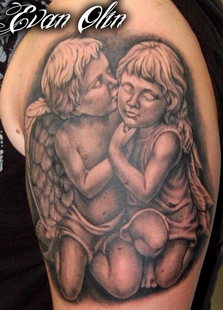 Evan Olin - Black and gray cherubs tattoo --not done, still needs white!