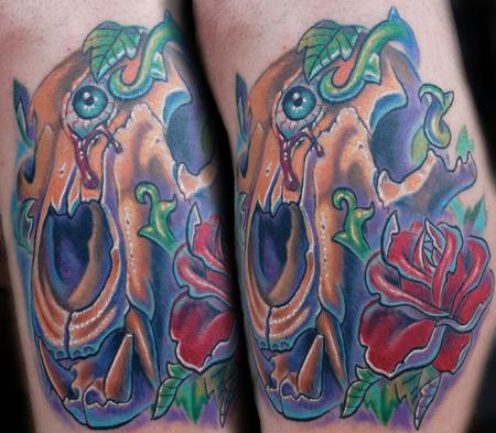 Evan Olin - Full color bear skull with third eye and rose tattoo