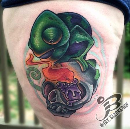 Jay Blackburn - New School Chameleon and Skull tattoo