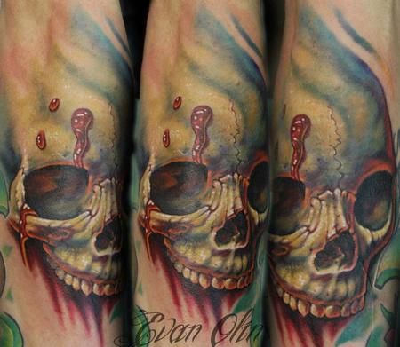 Evan Olin - Custom skull with blood droplets tattoo