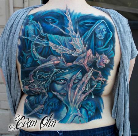 Evan Olin - Brian Froud Faeries artwork backpiece tattoo