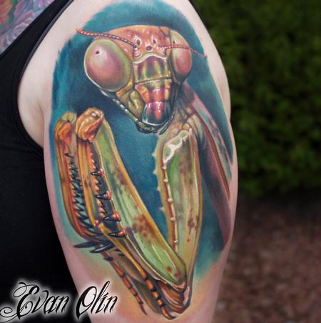 Evan Olin - Full color realistic Praying Mantis tattoo
