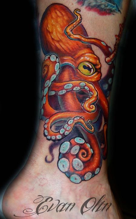 Evan Olin - Full color, custom realistic octopus tattoo- part of an underwater/ocean leg sleeve