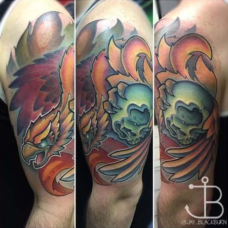 Jay Blackburn - New School Phoenix with skull tattoo