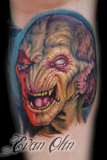 Evan Olin - Full color realistic Pumpkinhead tattoo