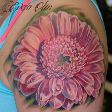 Evan Olin - Full color realistic daisy tattoo