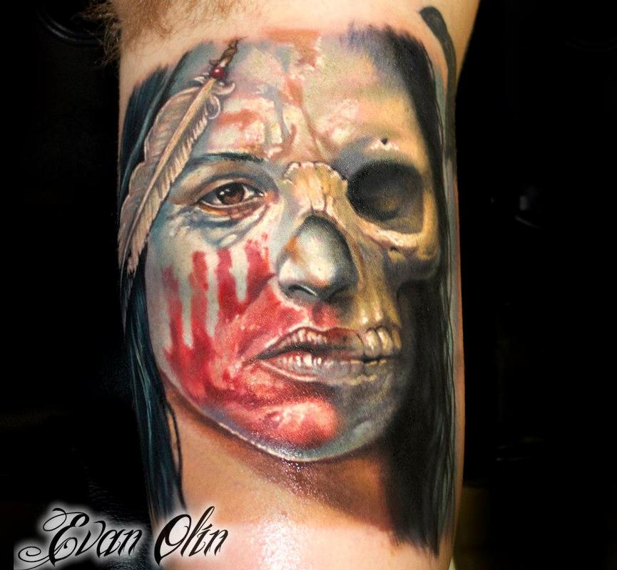 full color realistic skull amp native american tattoo by full color realistic skull amp native american tattoo by