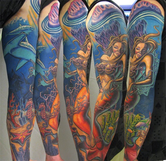 Mermaid Underwater Sleeve FreeHanded Tattoos 