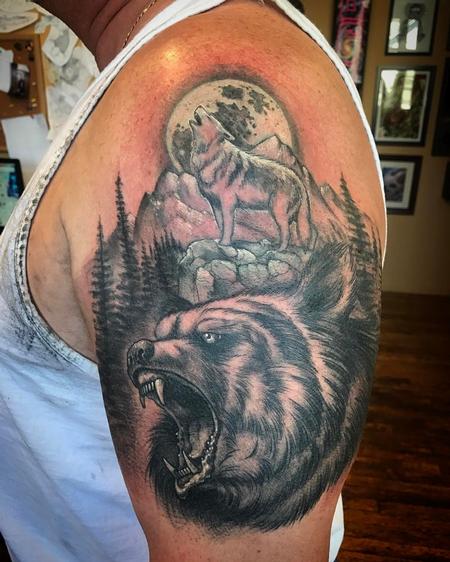 Tattoos - Bear and Wolf Nature Scene  - 126235