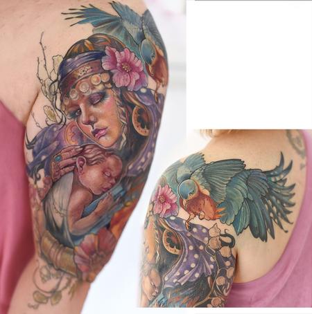 Tattoos - gypsy mother and baby with bluebird and flowers tattoo - 141006