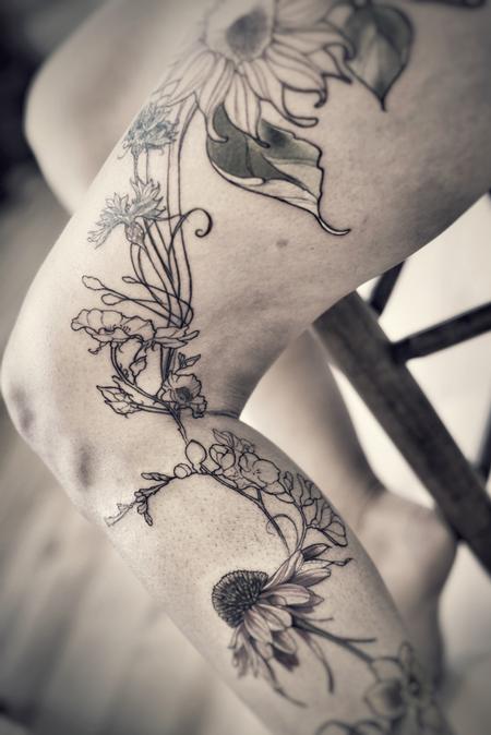 Tattoos - echinacea wild rose corn flower sunflower floral leg tattoo - 141007
