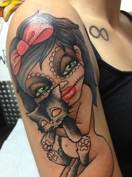 Tattoos - santa muerte doll with her lilblack cat - 84023