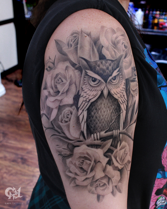 Roses And Owl Tattoo Sleeve by Capone Tattoos