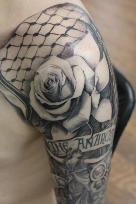 Tattoos - Anarchists of Chicago Sleeve with Black and Gray Rose on Shoulder - 119964