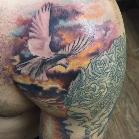 Tattoos - Flying Dove over Vivid Sunset Ocean Color Sleeve   - 119923