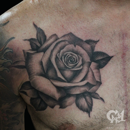 Tattoos - Rose Chest Tattoo (Black and Grey) - 122648